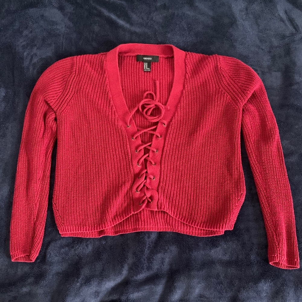 Dark Red Front Lace Up Sweater
